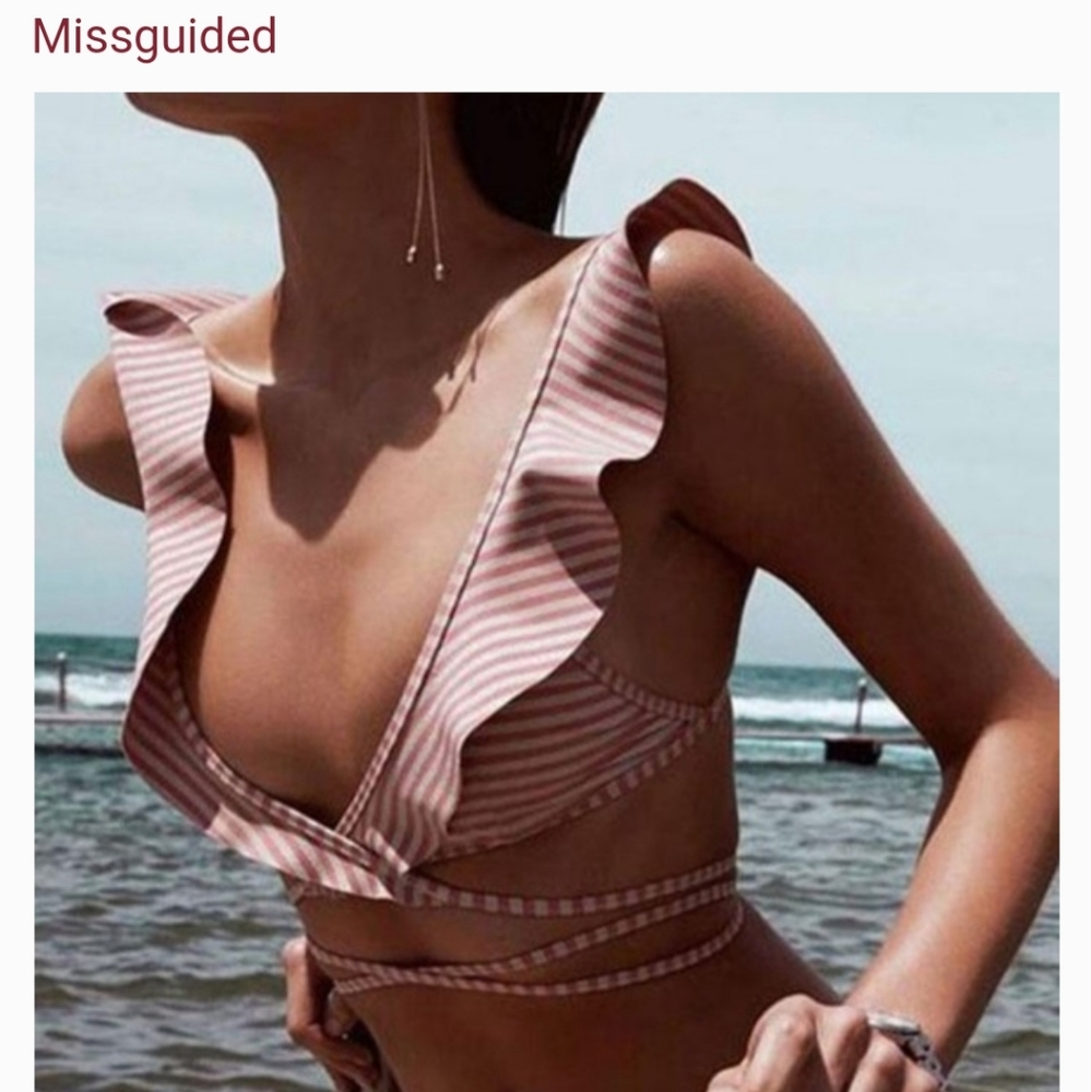 Misguided pink striped wrap around bikini set 6